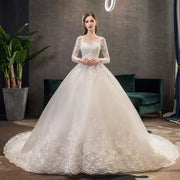 Neues Vintage-Hochzeitskleid mit O-Ausschnitt und vollen Ärmeln