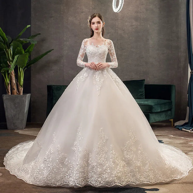 Neues Vintage-Hochzeitskleid mit O-Ausschnitt und vollen Ärmeln