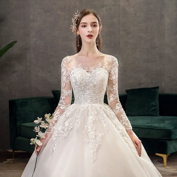 Neues Vintage-Hochzeitskleid mit O-Ausschnitt und vollen Ärmeln