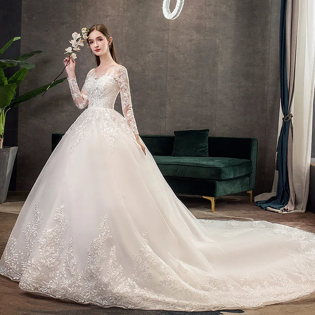 Neues Vintage-Hochzeitskleid mit O-Ausschnitt und vollen Ärmeln