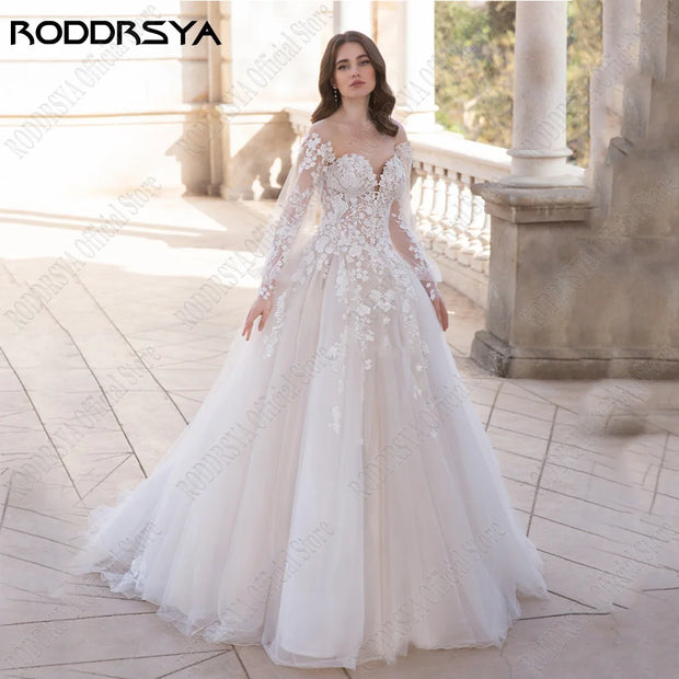 Damen-Brautkleider mit Puffärmeln, rückenfrei, O-Ausschnitt